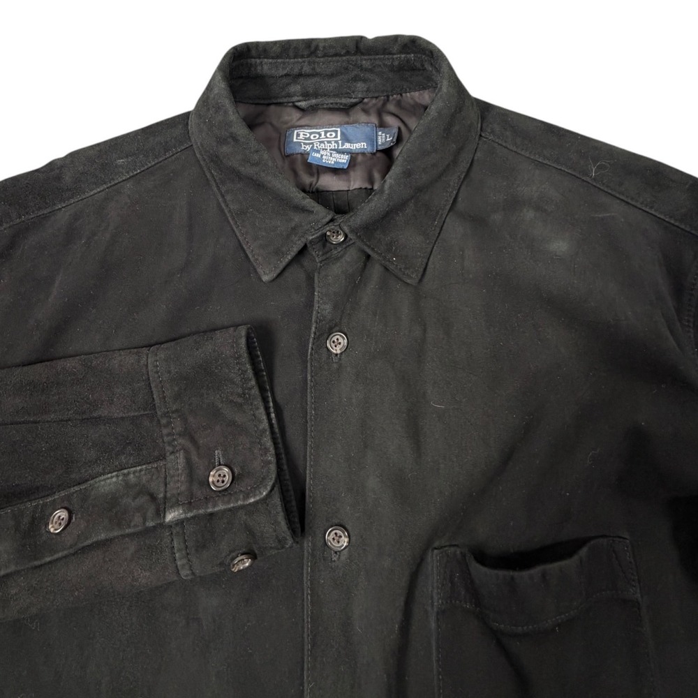 Polo Ralph Lauren Mens Shirt Jacket Suede Leather Button Up Long Sleeve Black L
